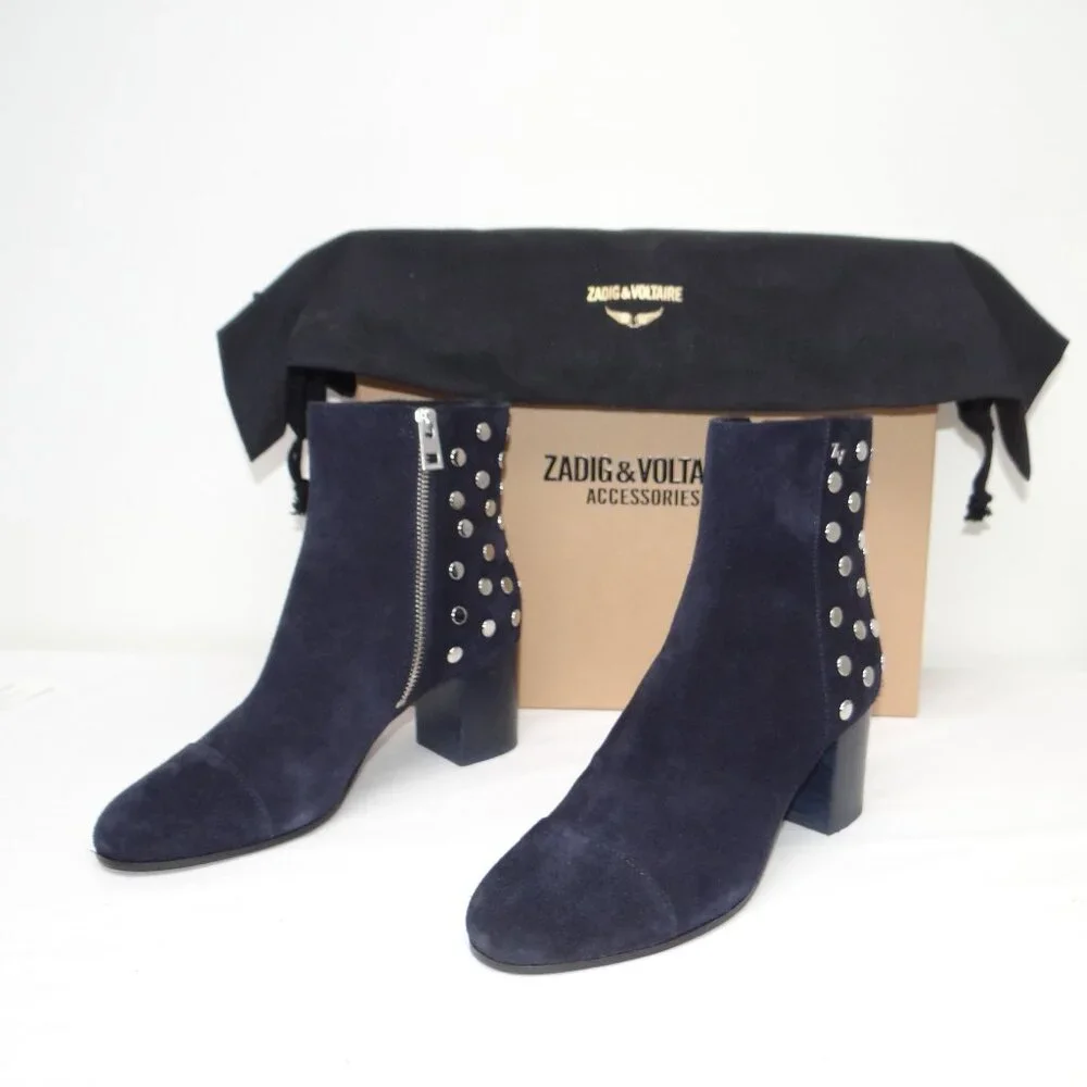 ZADIG & VOLTAIRE studded suede LENA ankle boots INK BLUE EU 37 US 6.5